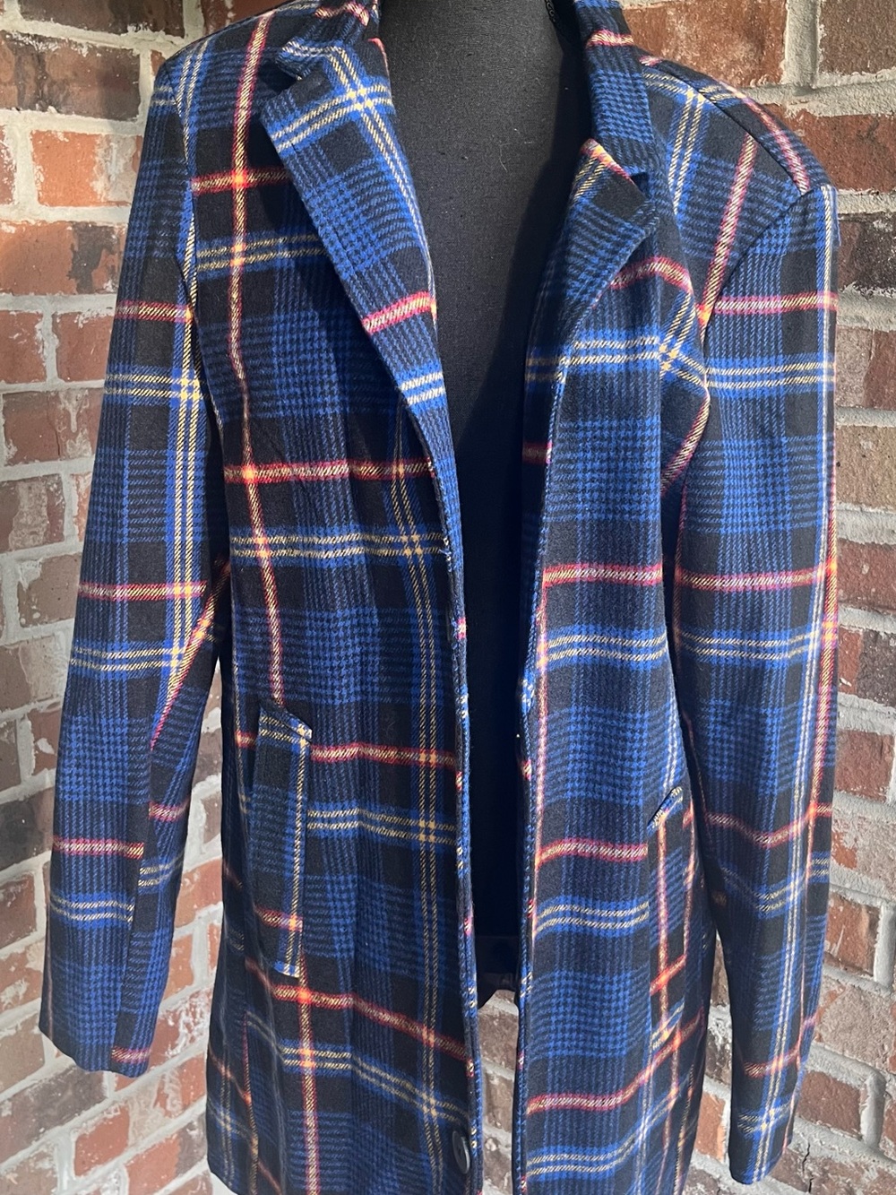 Men's Navy Plaid Pea Coat with Red Accent - Classic Tailored Outerwear
